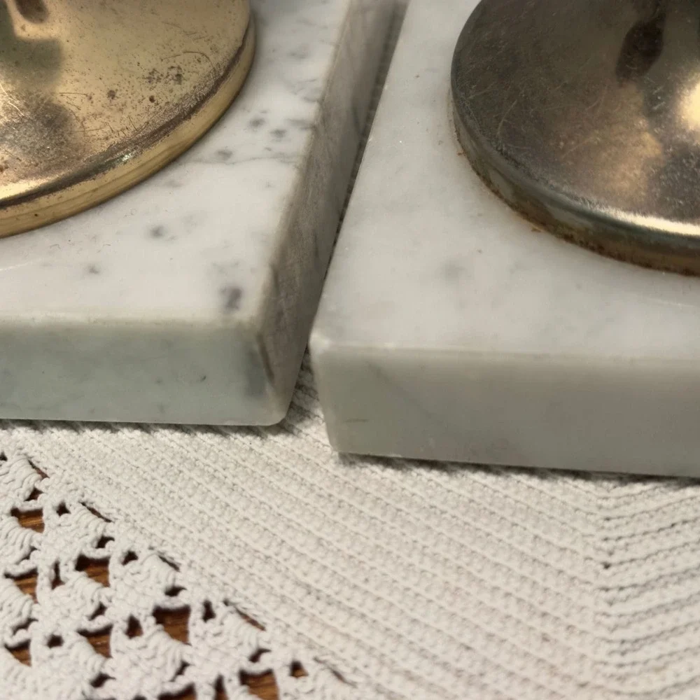 Vintage Brass Silver Metal Candle Holders White Marble Square Base Pair Set of 2